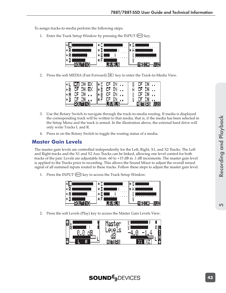 Recording and playbac k 5, Master gain levels | Sound Devices 788T User Manual | Page 51 / 180