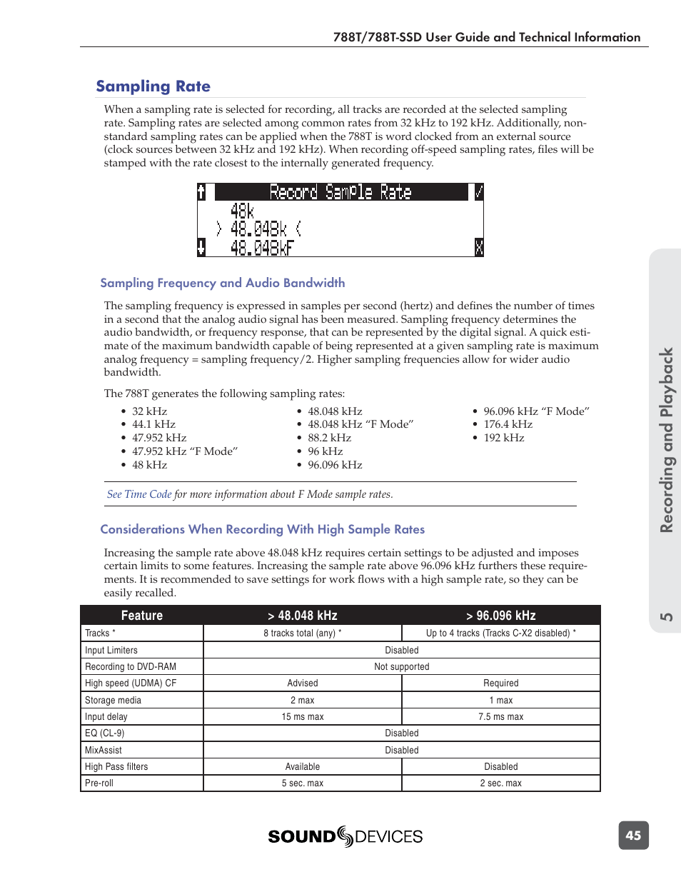 Recording and playbac k 5, Sampling rate | Sound Devices 788T User Manual | Page 53 / 180