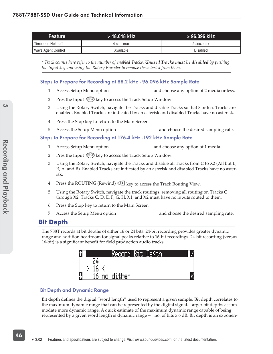 Recording and playbac k 5, Bit depth | Sound Devices 788T User Manual | Page 54 / 180