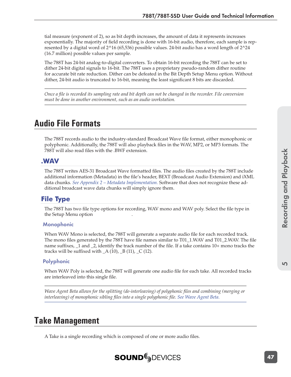 Audio file formats, Take management, Recording and playbac k 5 | Sound Devices 788T User Manual | Page 55 / 180