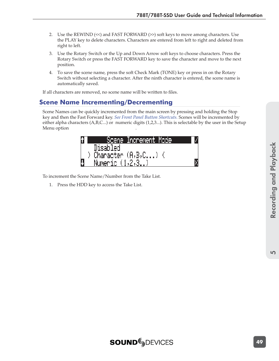 Recording and playbac k 5, Scene name incrementing/decrementing | Sound Devices 788T User Manual | Page 57 / 180
