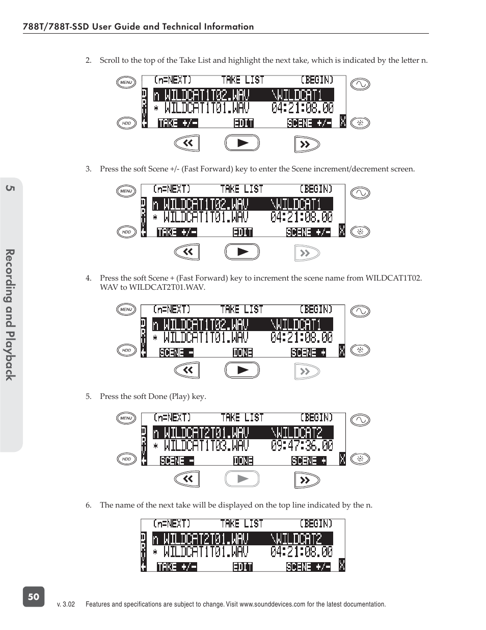 Recording and playbac k 5 | Sound Devices 788T User Manual | Page 58 / 180