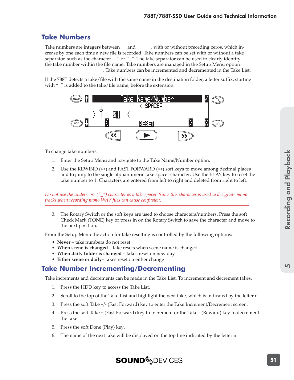 Recording and playbac k 5, Take numbers, Take number incrementing/decrementing | Sound Devices 788T User Manual | Page 59 / 180