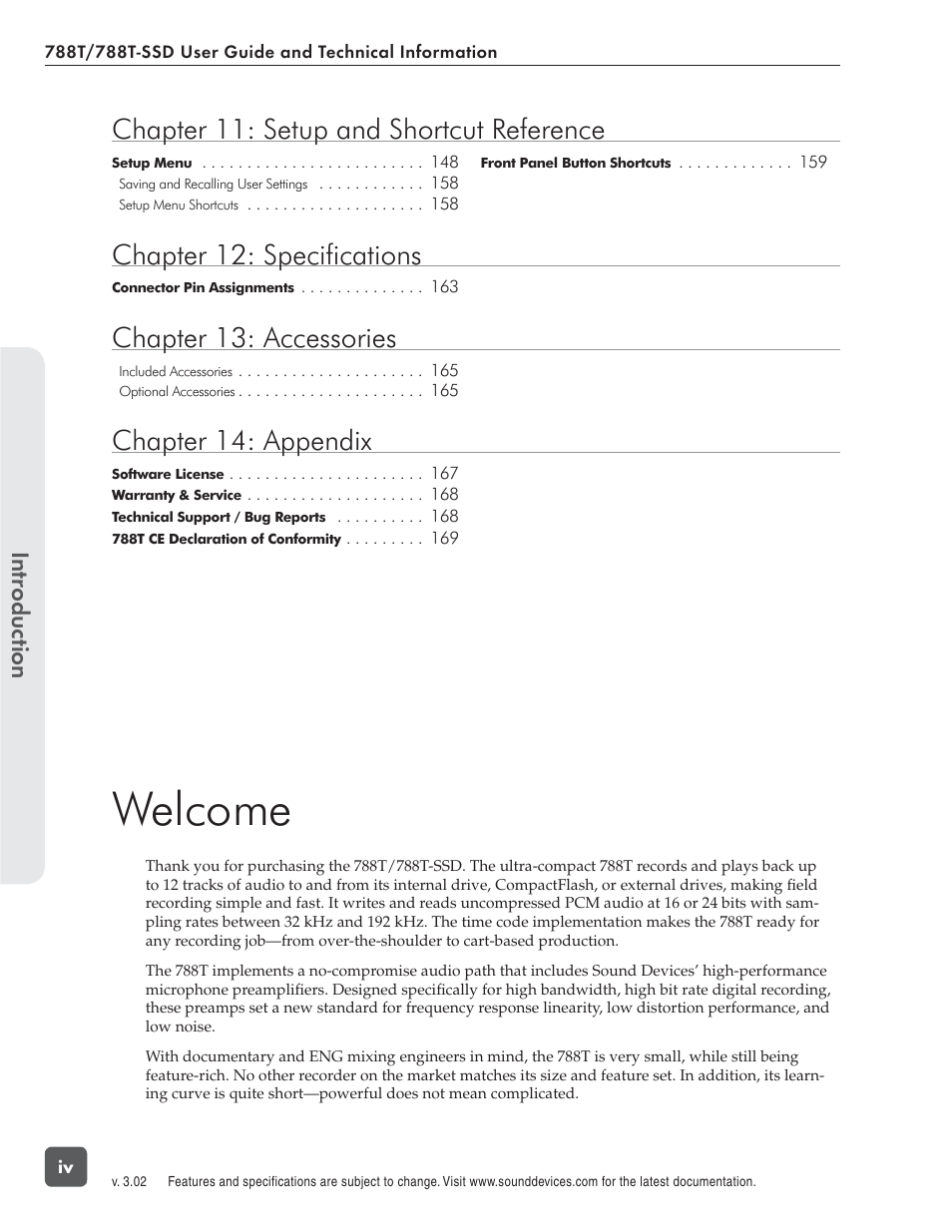 Welcome, Chapter 11: setup and shortcut reference, Chapter 12: specifications | Chapter 13: accessories, Chapter 14: appendix, Introduction | Sound Devices 788T User Manual | Page 6 / 180