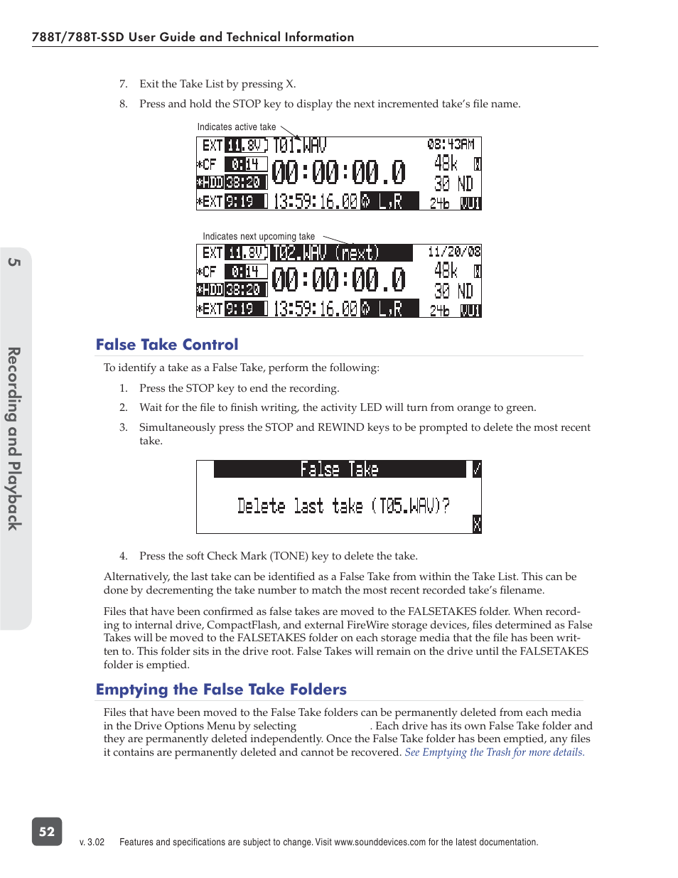 Recording and playbac k 5, False take control, Emptying the false take folders | Sound Devices 788T User Manual | Page 60 / 180