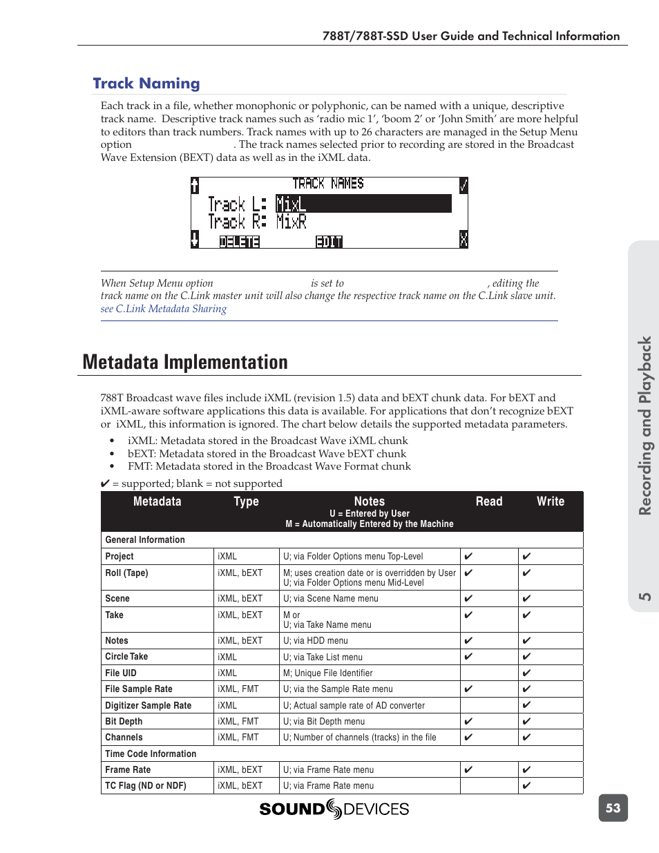 Metadata implementation, Recording and playbac k 5, Track naming | Sound Devices 788T User Manual | Page 61 / 180
