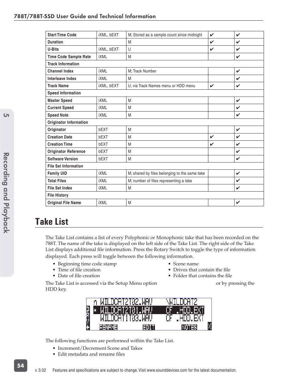 Take list, Recording and playbac k 5 | Sound Devices 788T User Manual | Page 62 / 180