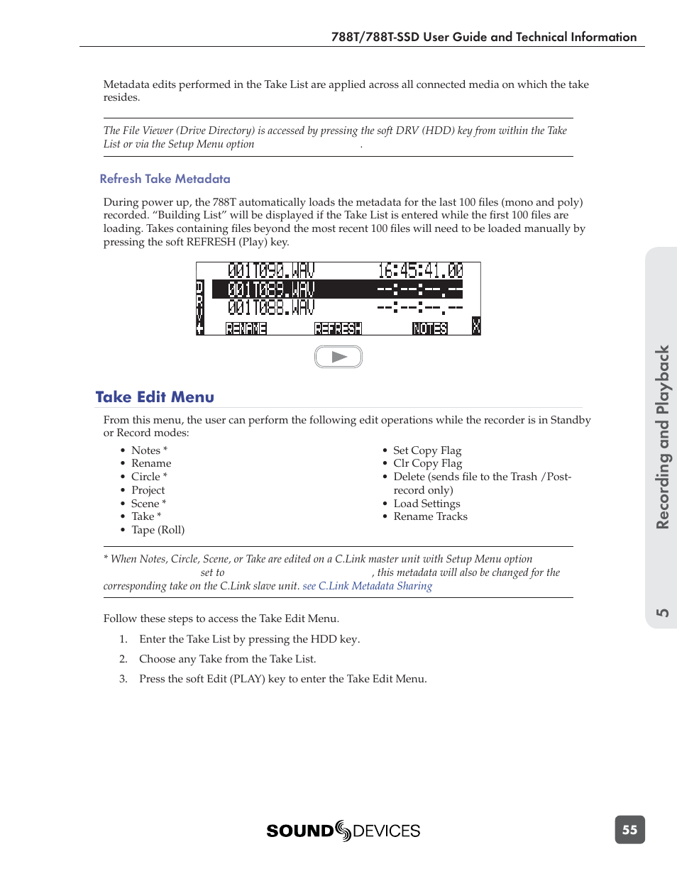 Recording and playbac k 5, Take edit menu | Sound Devices 788T User Manual | Page 63 / 180
