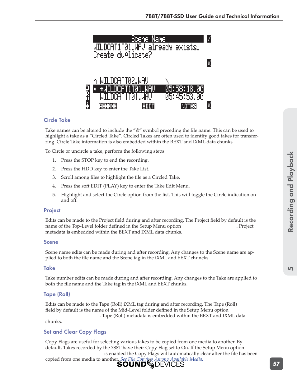 Recording and playbac k 5 | Sound Devices 788T User Manual | Page 65 / 180