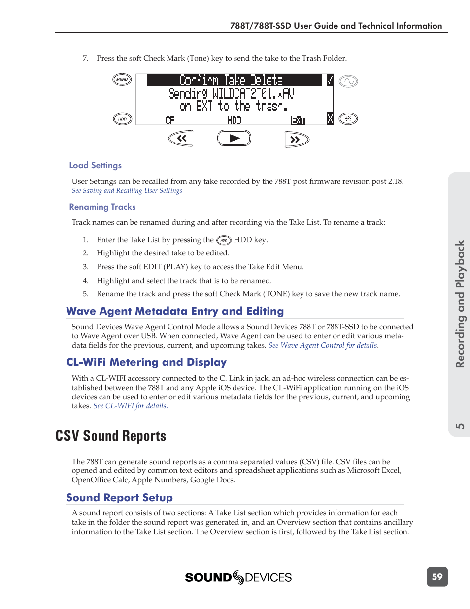 Csv sound reports, Recording and playbac k 5 | Sound Devices 788T User Manual | Page 67 / 180