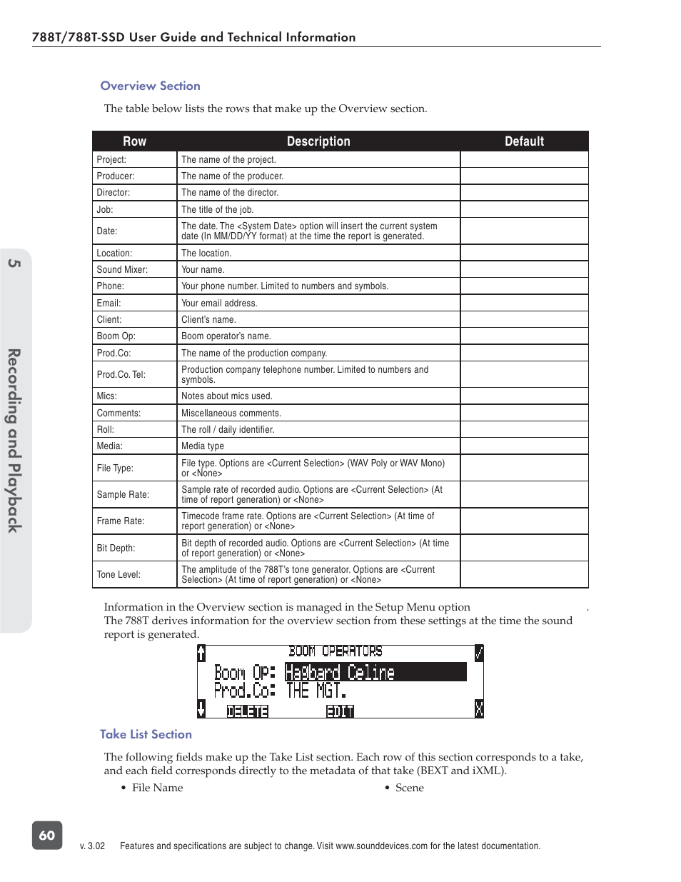 Recording and playbac k 5 | Sound Devices 788T User Manual | Page 68 / 180