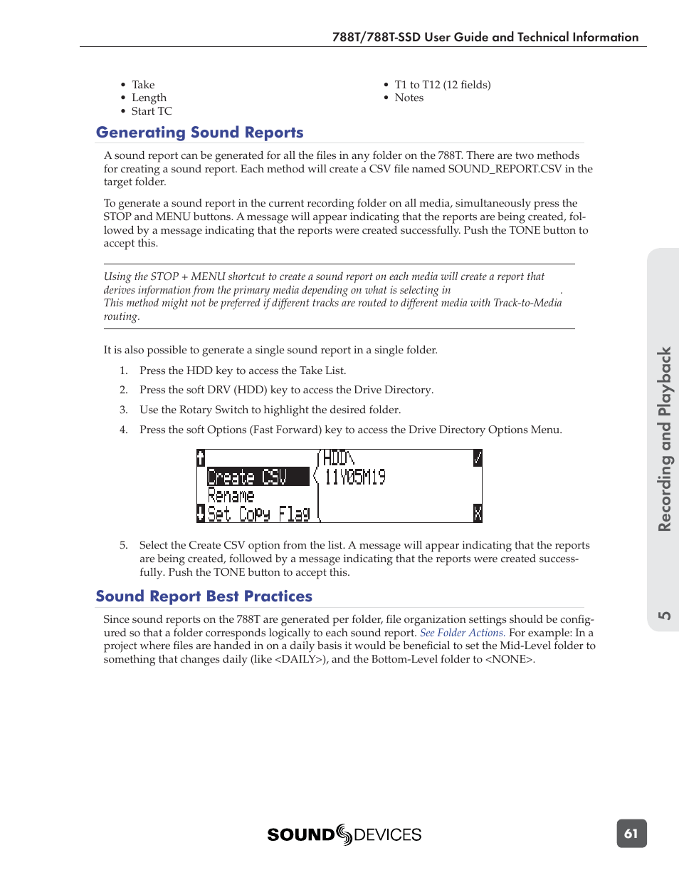 Recording and playbac k 5, Generating sound reports, Sound report best practices | Sound Devices 788T User Manual | Page 69 / 180