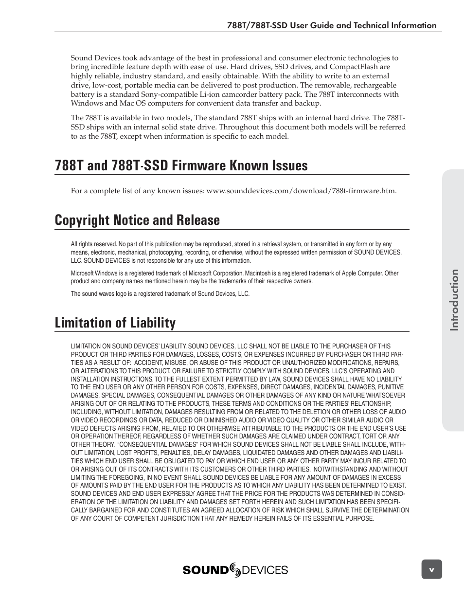 Copyright notice and release, Limitation of liability, Introduction | Sound Devices 788T User Manual | Page 7 / 180