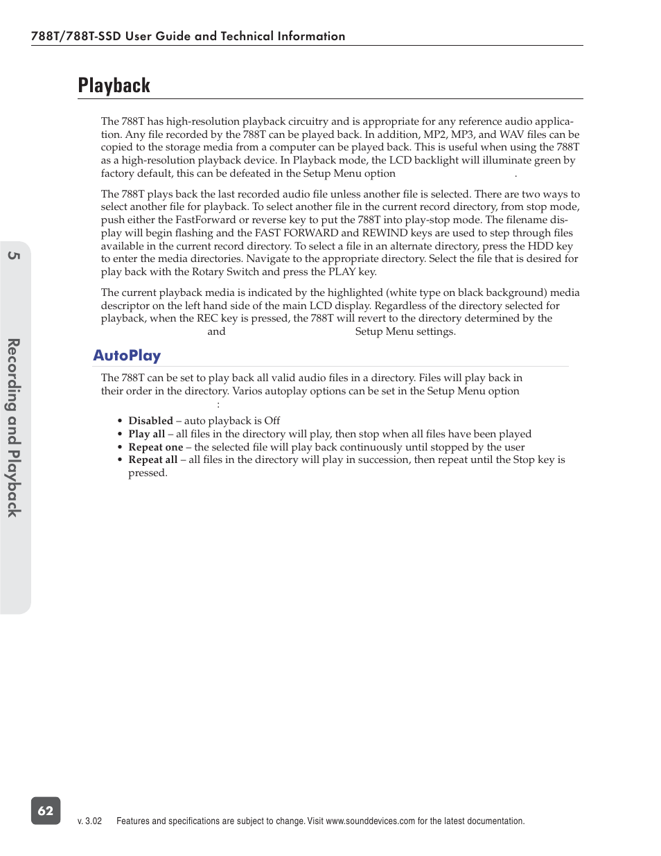 Playback, Recording and playbac k 5 | Sound Devices 788T User Manual | Page 70 / 180
