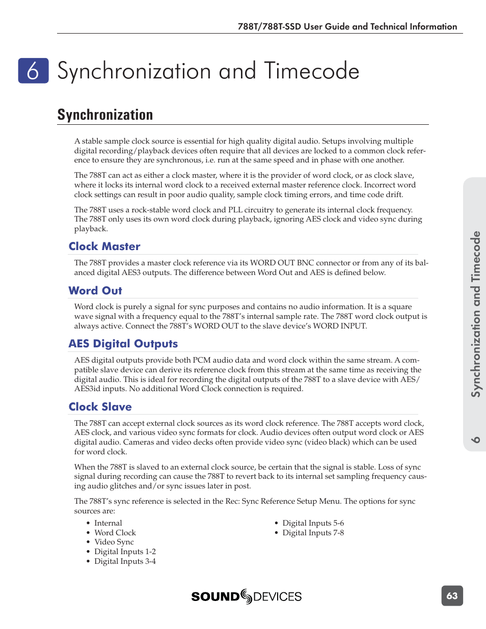 Synchronization and timecode, Synchronization | Sound Devices 788T User Manual | Page 71 / 180