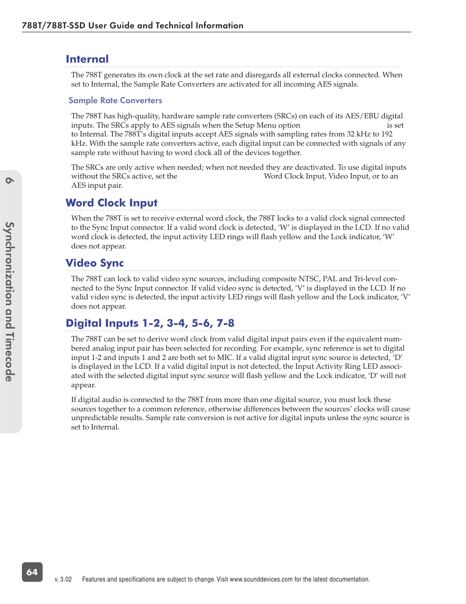 Sync hronization and t imecode 6 | Sound Devices 788T User Manual | Page 72 / 180