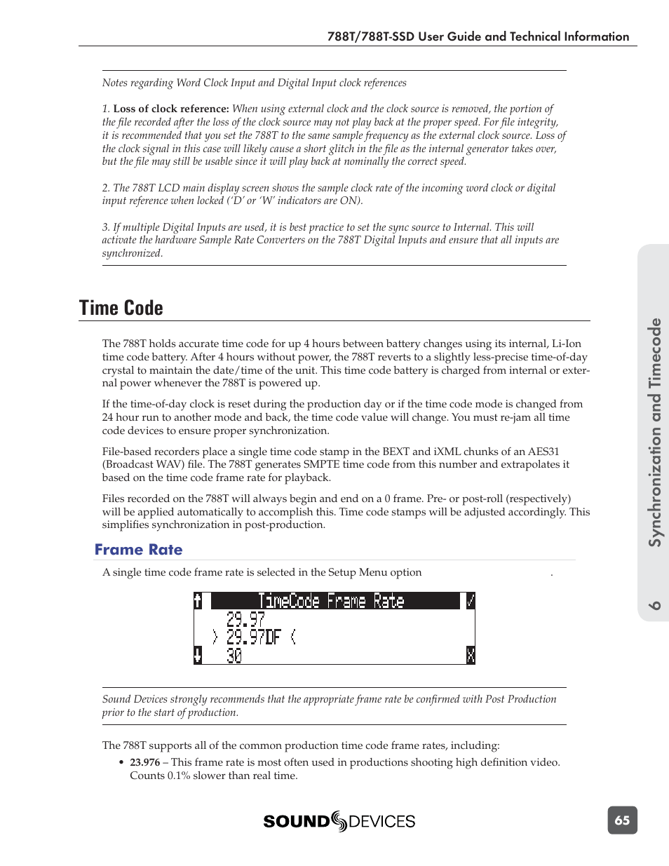 Time code, Sync hronization and t imecode 6 | Sound Devices 788T User Manual | Page 73 / 180