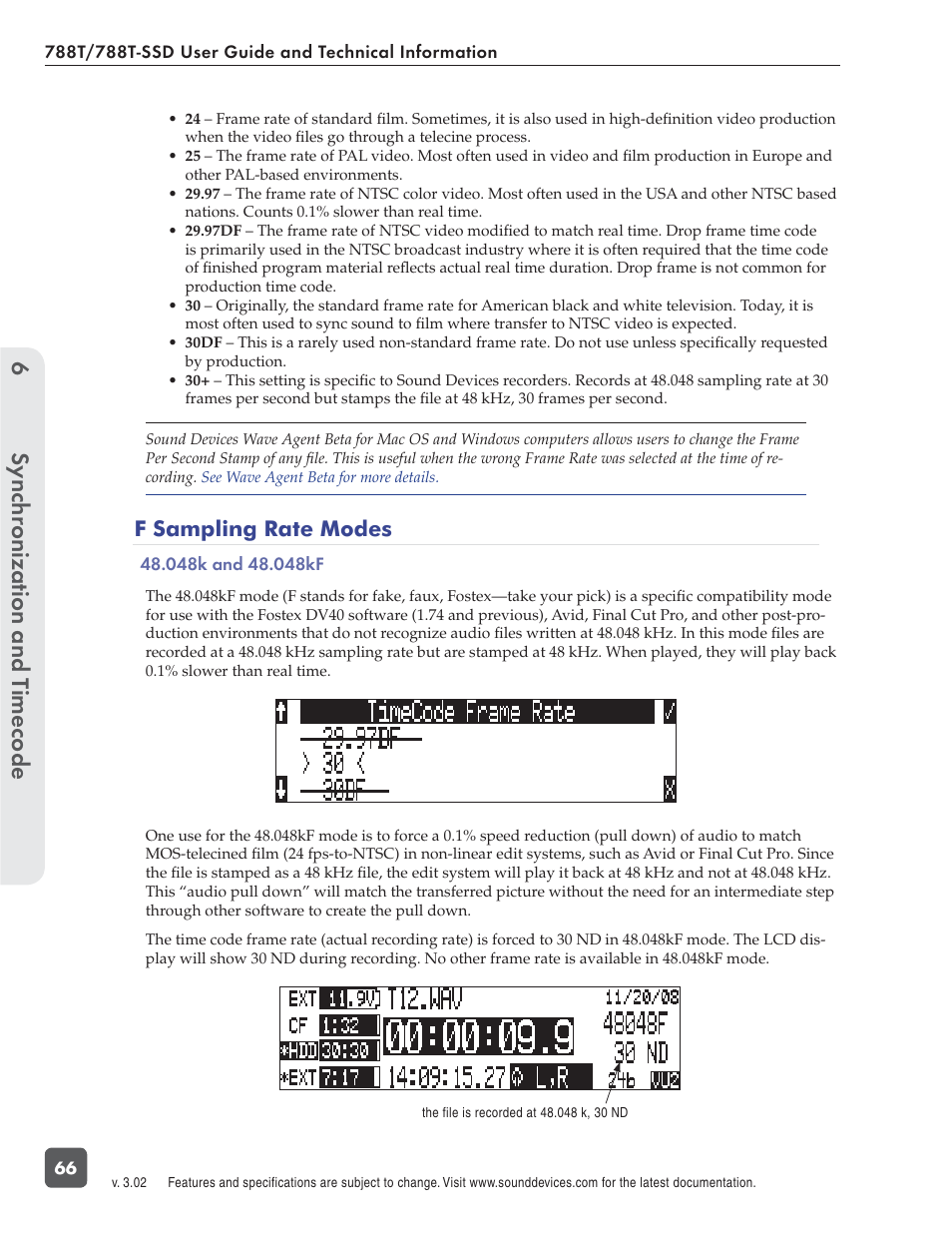 Sync hronization and t imecode 6, F sampling rate modes | Sound Devices 788T User Manual | Page 74 / 180