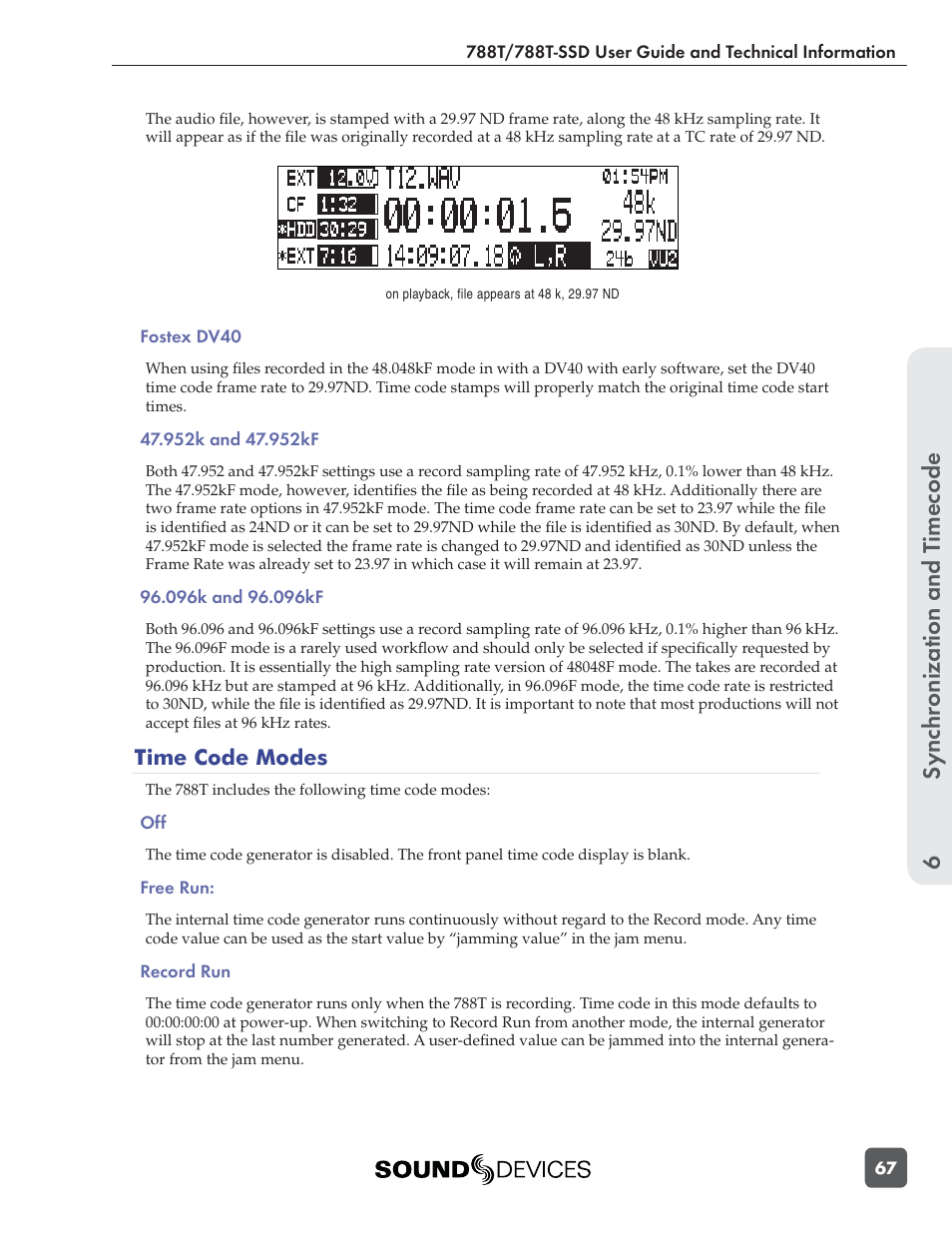 Sync hronization and t imecode 6 | Sound Devices 788T User Manual | Page 75 / 180