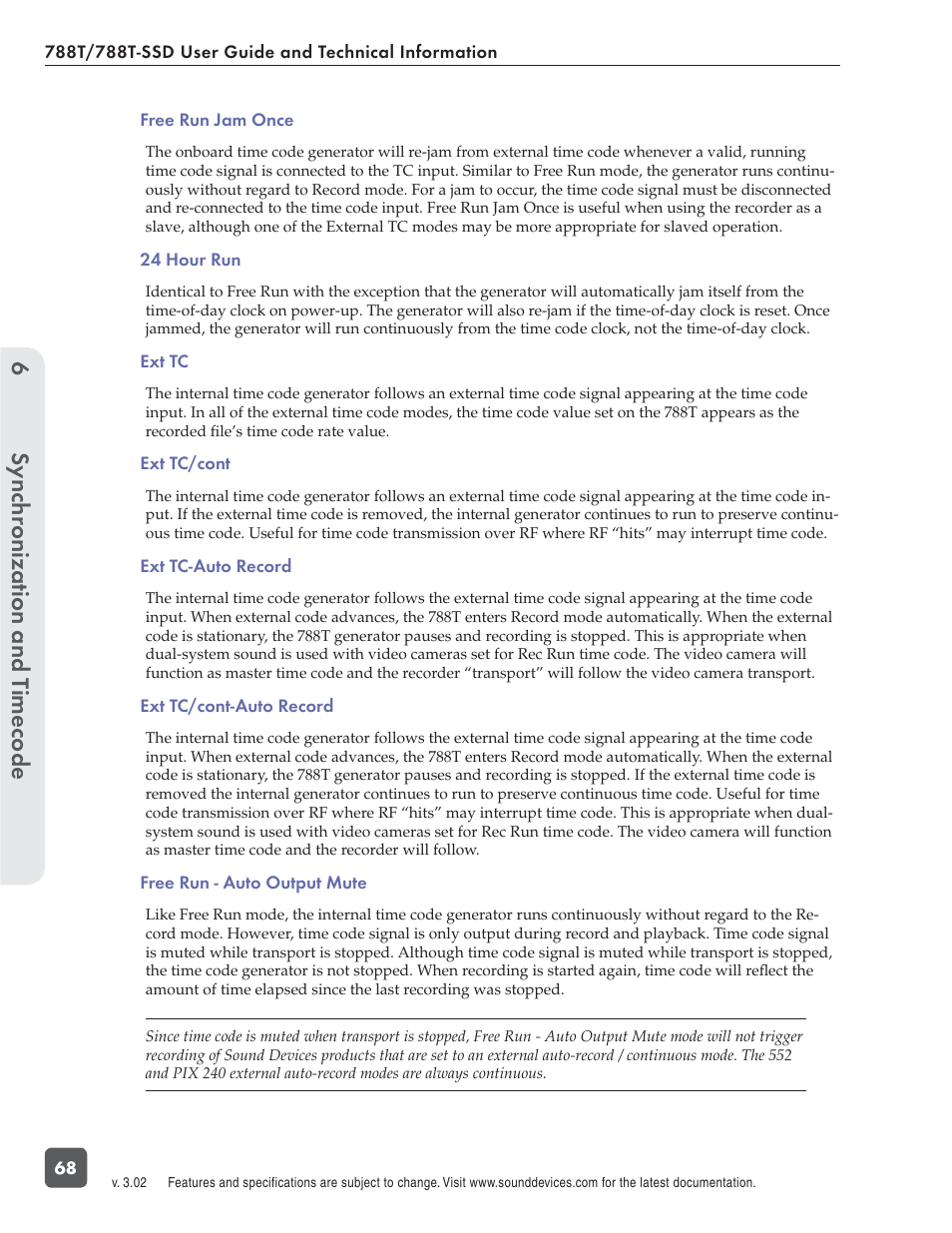 Sync hronization and t imecode 6 | Sound Devices 788T User Manual | Page 76 / 180