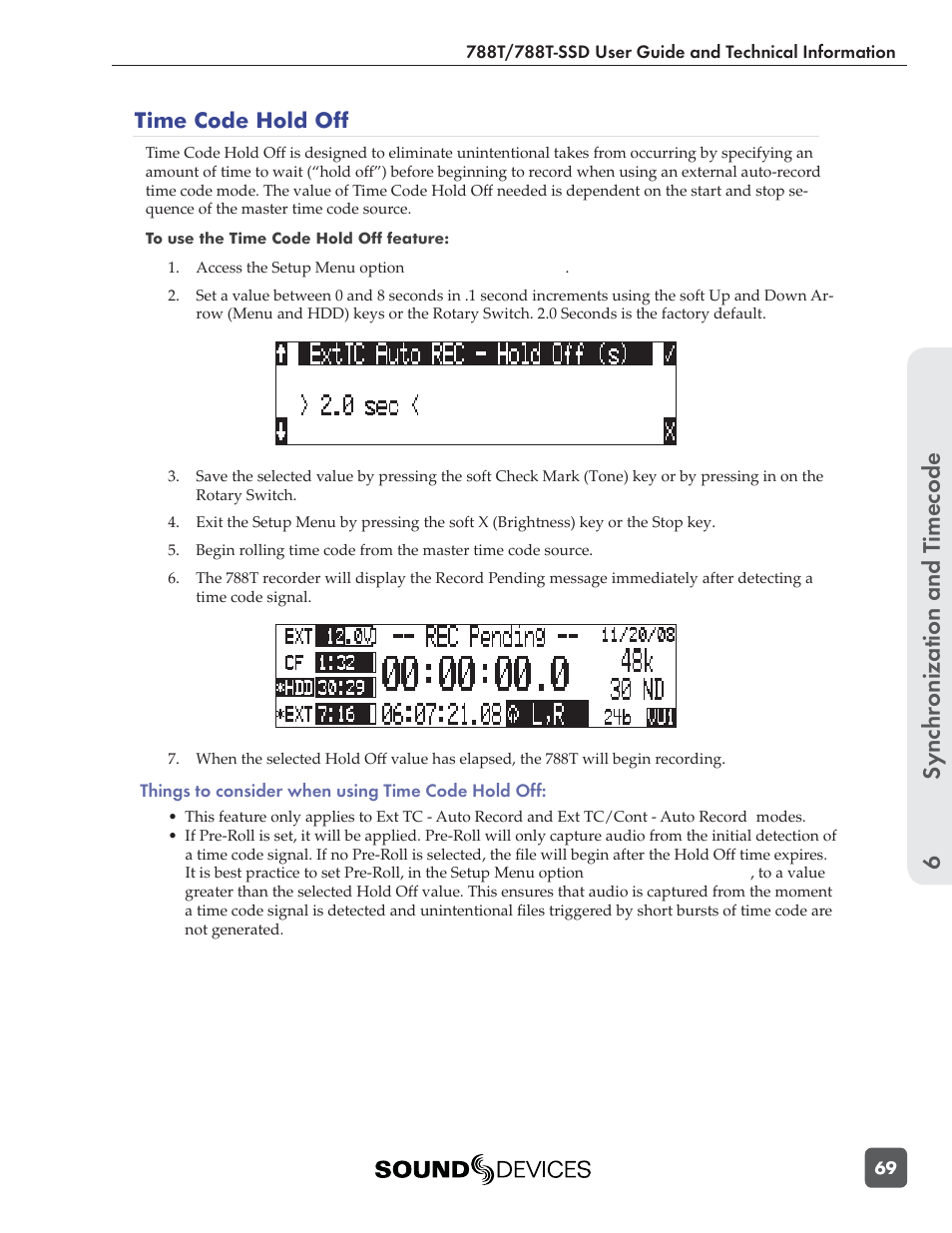 Sync hronization and t imecode 6, Time code hold off | Sound Devices 788T User Manual | Page 77 / 180