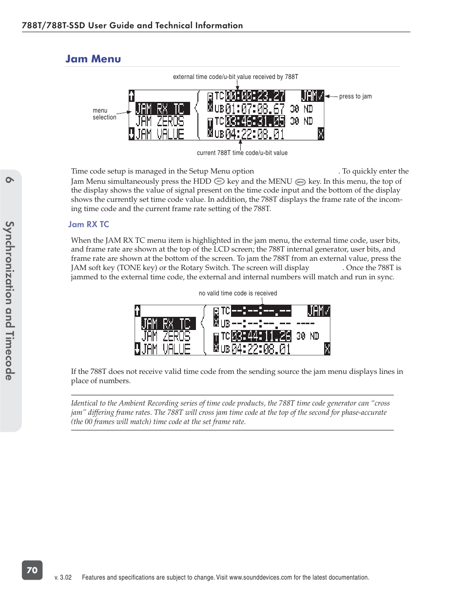 Sync hronization and t imecode 6, Jam menu | Sound Devices 788T User Manual | Page 78 / 180
