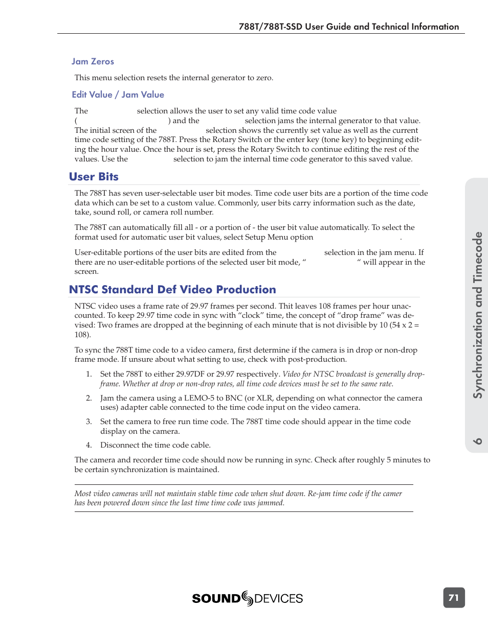 Sync hronization and t imecode 6, User bits, Ntsc standard def video production | Sound Devices 788T User Manual | Page 79 / 180