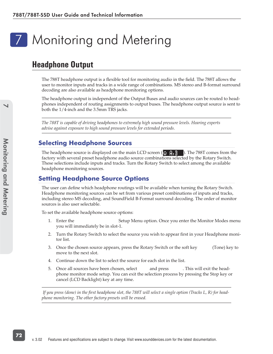 Monitoring and metering, Headphone output, Monitoring and me tering 7 | Sound Devices 788T User Manual | Page 80 / 180