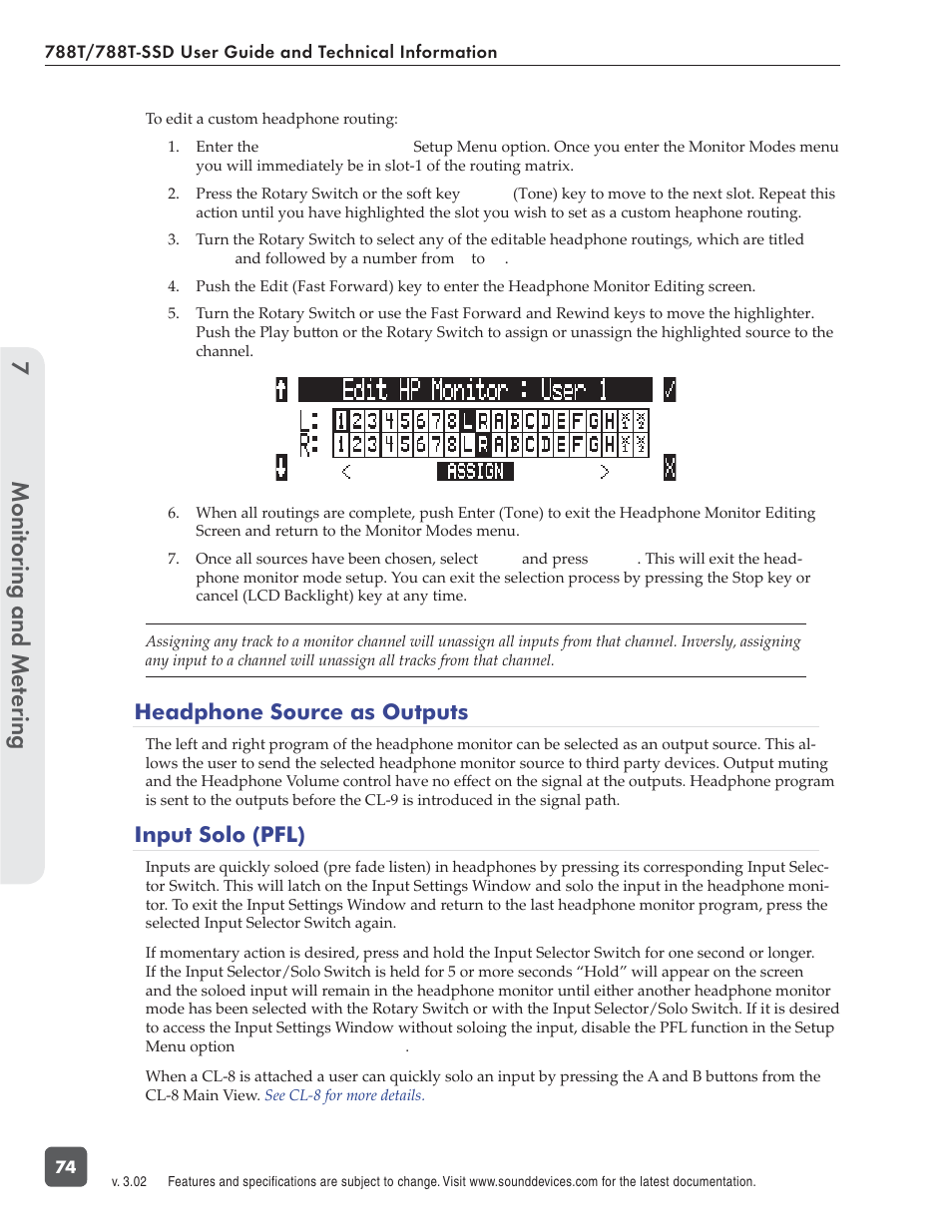 Monitoring and me tering 7, Headphone source as outputs, Input solo (pfl) | Sound Devices 788T User Manual | Page 82 / 180
