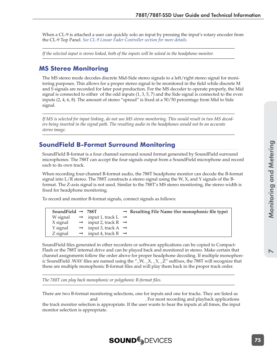 Monitoring and me tering 7, Ms stereo monitoring, Soundfield b-format surround monitoring | Sound Devices 788T User Manual | Page 83 / 180