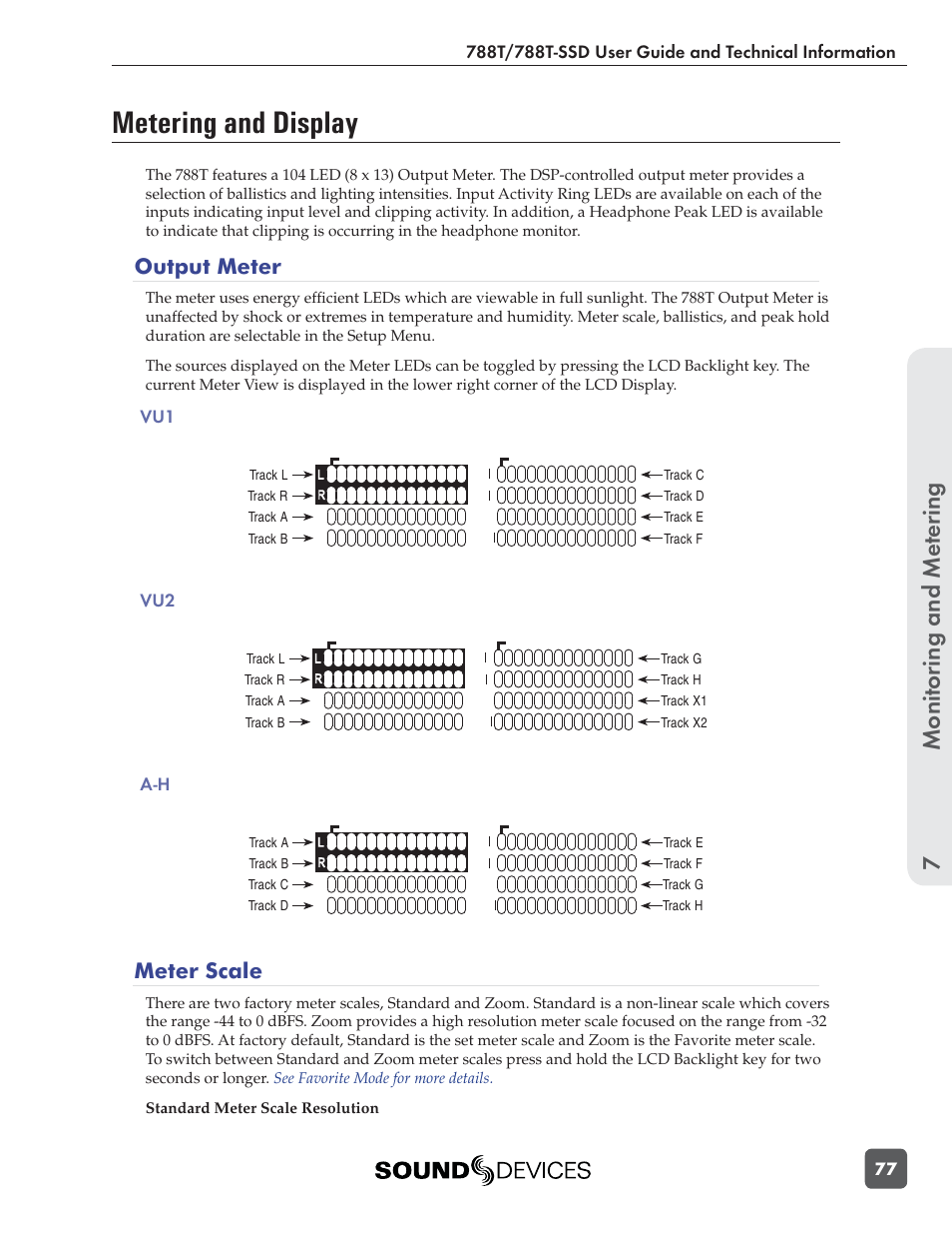Metering and display, Monitoring and me tering 7, Output meter | Meter scale | Sound Devices 788T User Manual | Page 85 / 180
