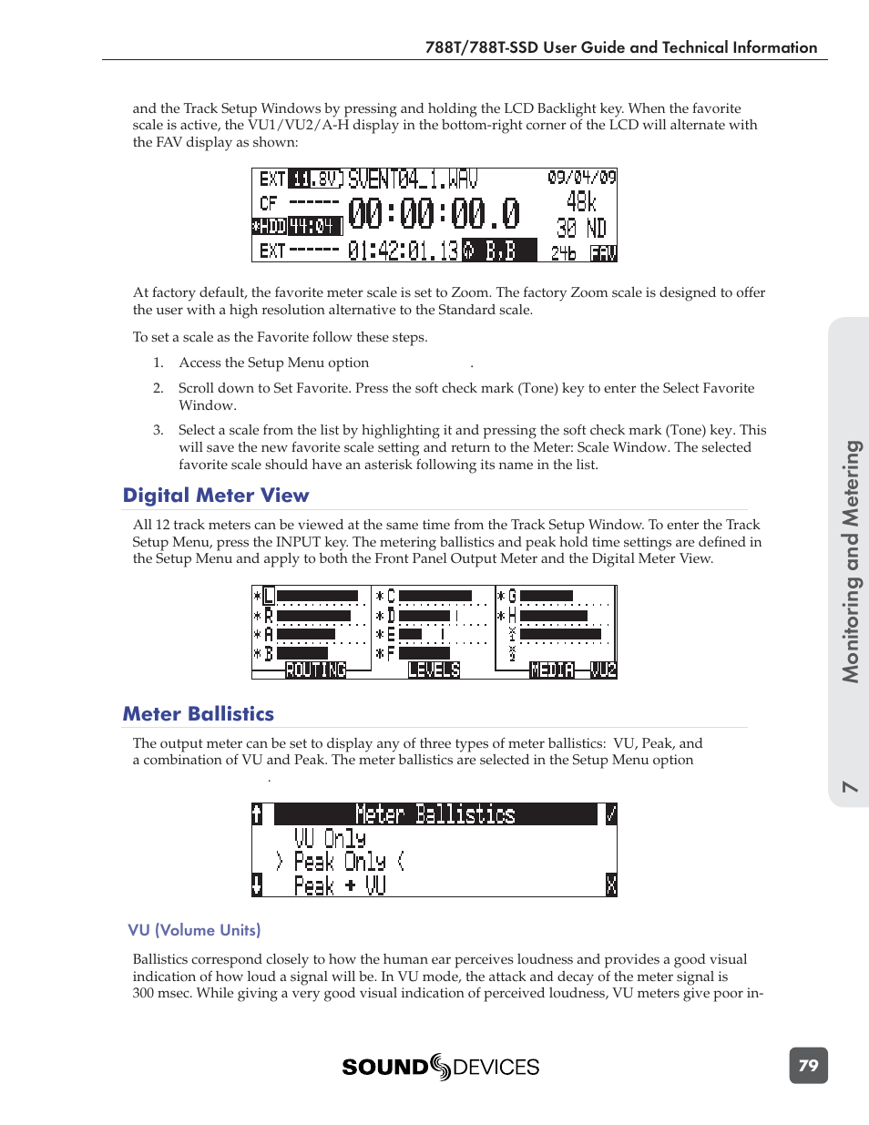 Monitoring and me tering 7, Digital meter view, Meter ballistics | Sound Devices 788T User Manual | Page 87 / 180