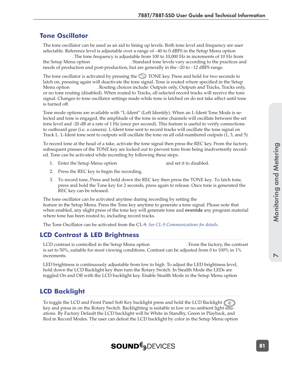 Monitoring and me tering 7, Tone oscillator, Lcd contrast & led brightness | Lcd backlight | Sound Devices 788T User Manual | Page 89 / 180