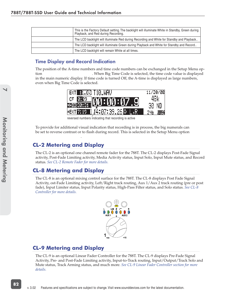 Monitoring and me tering 7, Time display and record indication, Cl-2 metering and display | Cl-8 metering and display, Cl-9 metering and display | Sound Devices 788T User Manual | Page 90 / 180
