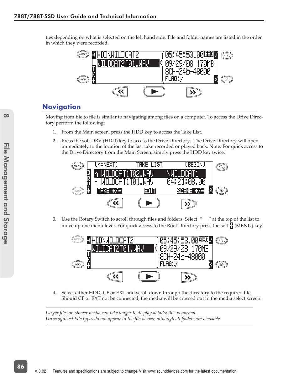 File management and s torage 8, Navigation | Sound Devices 788T User Manual | Page 94 / 180