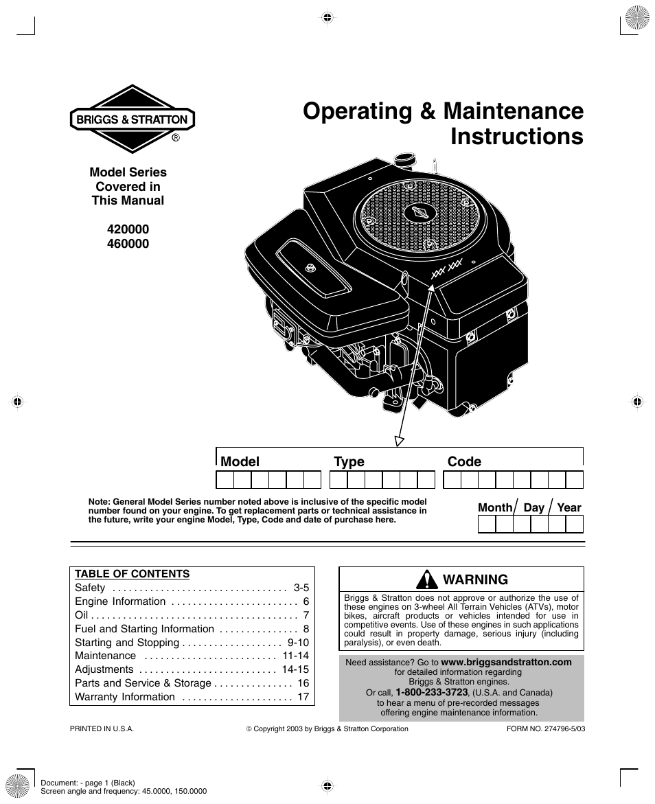 Briggs & Stratton 420000 User Manual | 20 pages