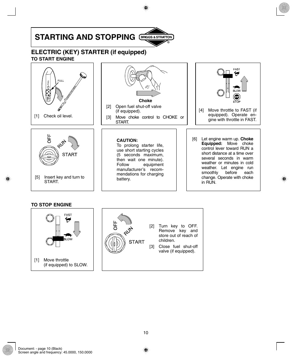 Starting and stopping, Electric (key) starter (if equipped) | Briggs & Stratton 420000 User Manual | Page 10 / 20