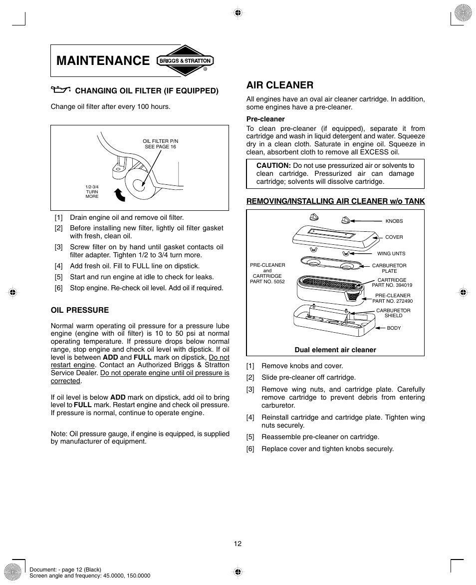 Maintenance, Air cleaner | Briggs & Stratton 420000 User Manual | Page 12 / 20
