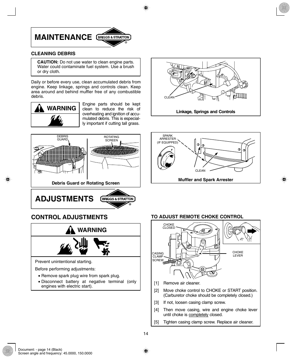 Maintenance, Adjustments, Warning | Control adjustments warning | Briggs & Stratton 420000 User Manual | Page 14 / 20