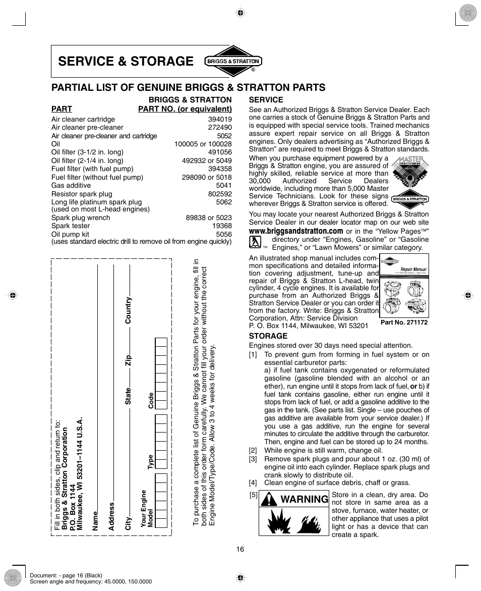 Service & storage, Partial list of genuine briggs & stratton parts, Warning | Briggs & Stratton 420000 User Manual | Page 16 / 20