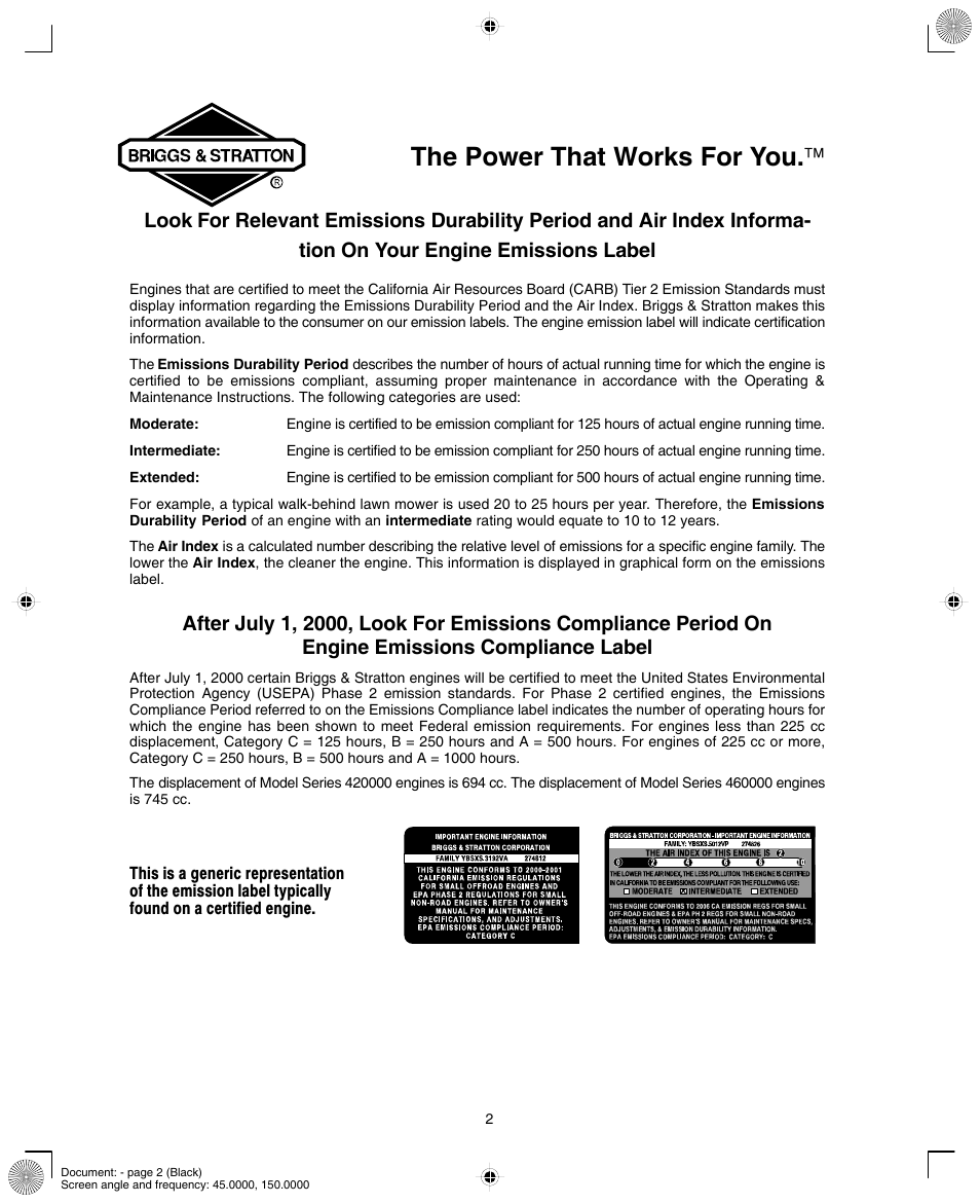 The power that works for you | Briggs & Stratton 420000 User Manual | Page 2 / 20