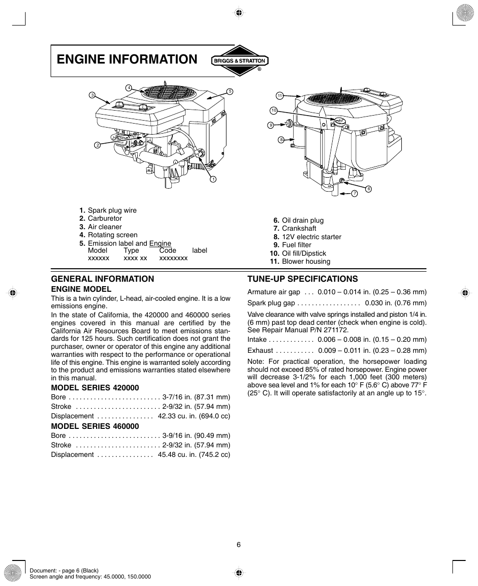 Engine information | Briggs & Stratton 420000 User Manual | Page 6 / 20