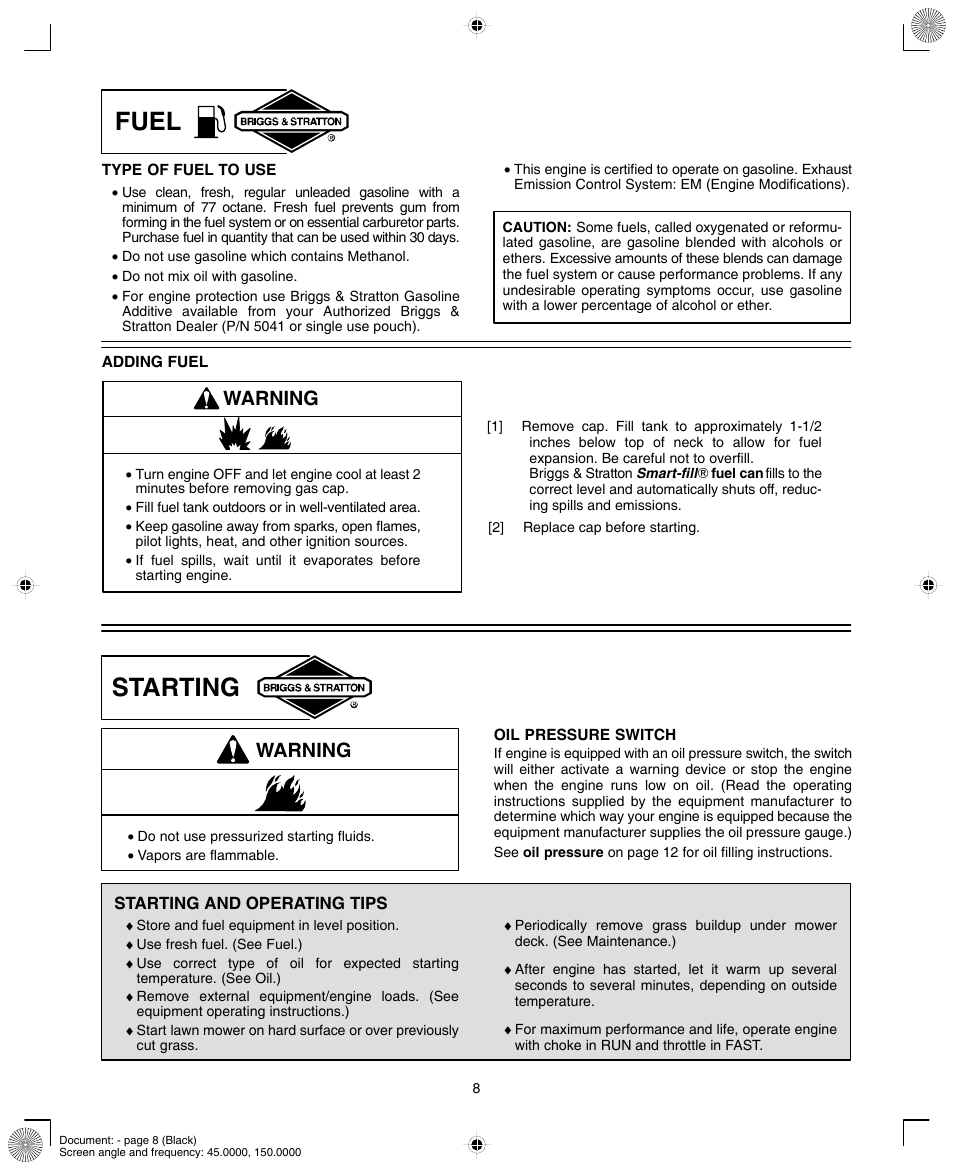 Fuel, Starting, Warning | Briggs & Stratton 420000 User Manual | Page 8 / 20
