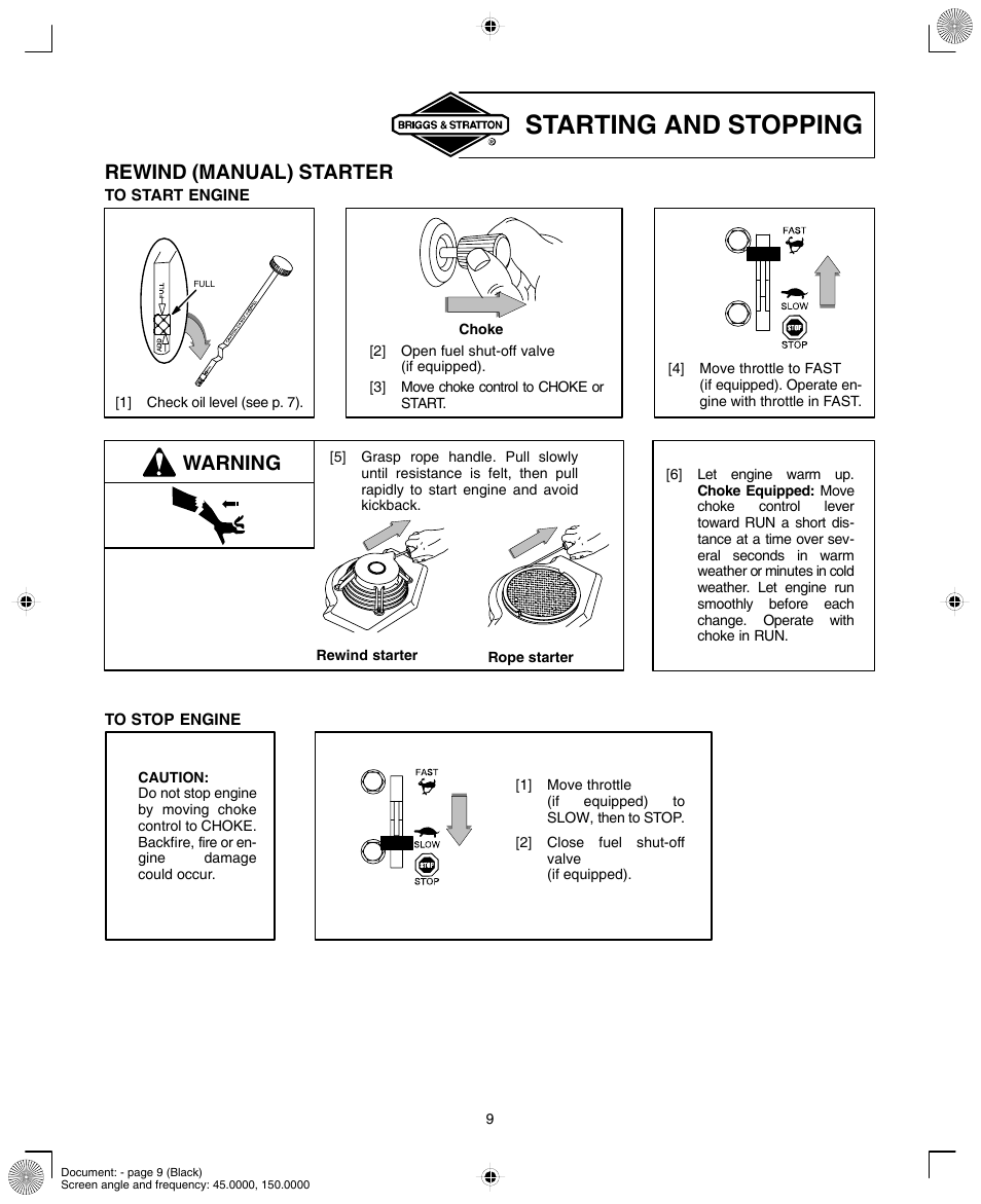 Starting and stopping, Rewind (manual) starter, Warning | Briggs & Stratton 420000 User Manual | Page 9 / 20