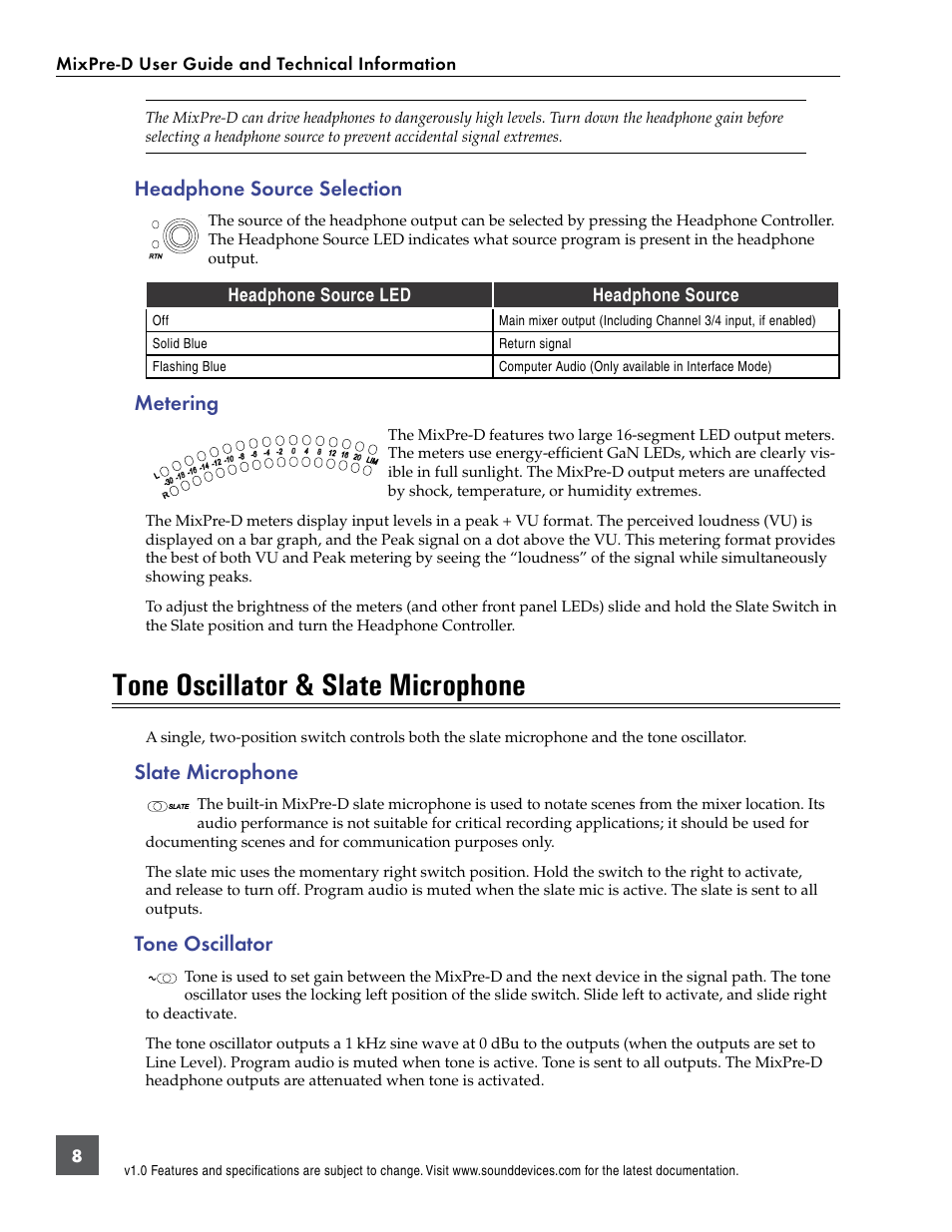 Headphone source selection, Metering, Tone oscillator & slate microphone | Slate microphone, Tone oscillator, Slate microphone tone oscillator | Sound Devices MixPre-D User Manual | Page 10 / 18
