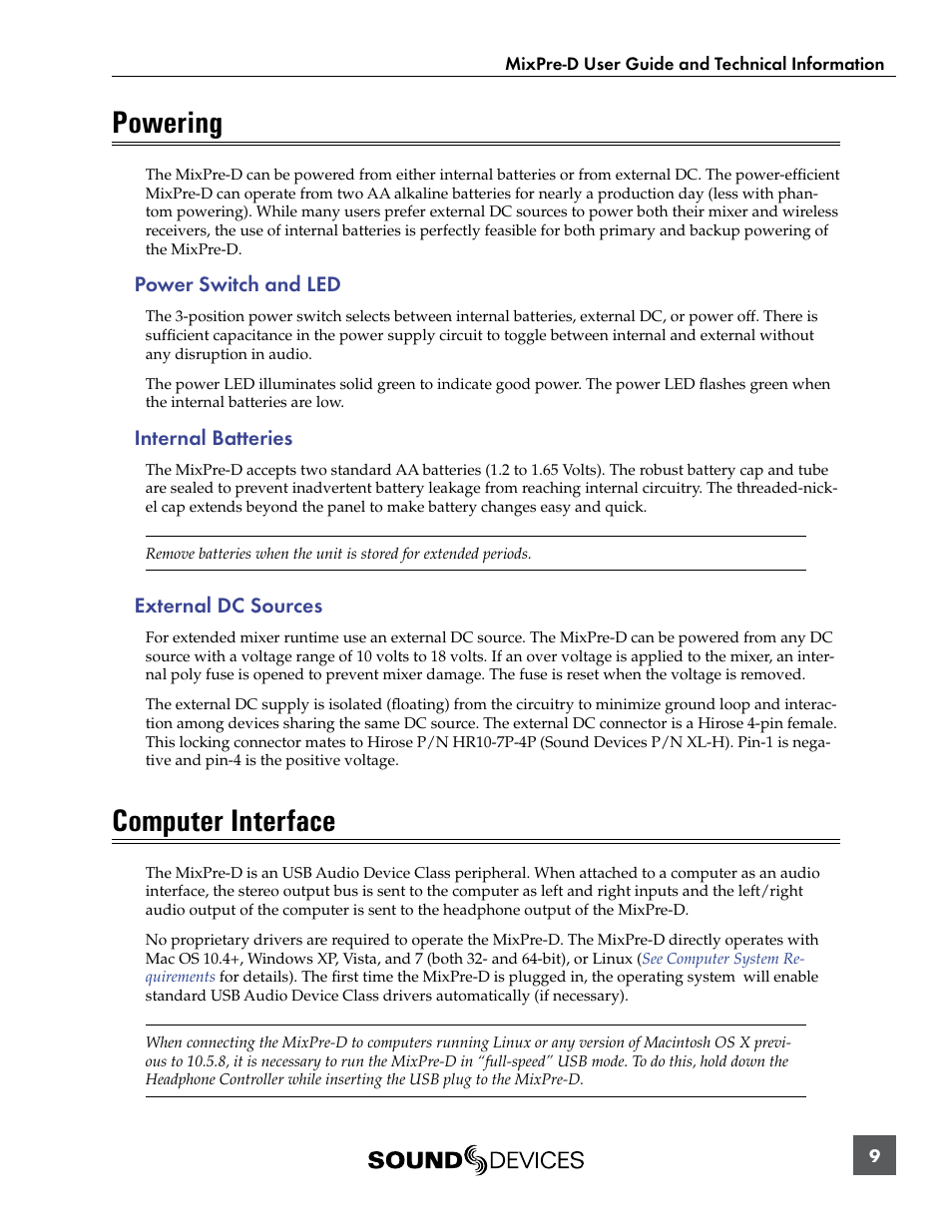Powering, Power switch and led, Internal batteries | External dc sources, Computer interface | Sound Devices MixPre-D User Manual | Page 11 / 18