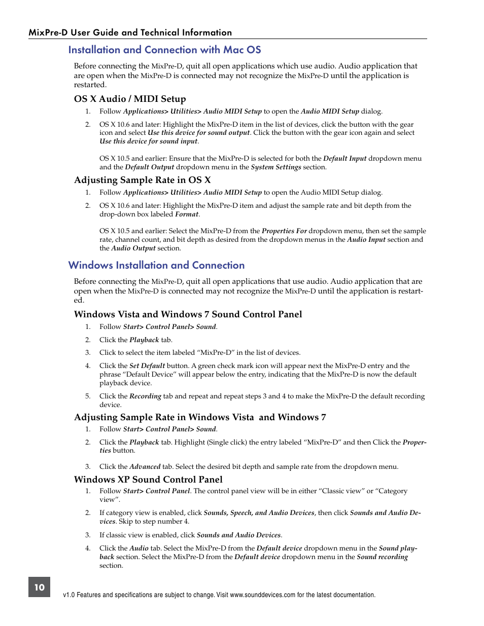 Installation and connection with mac os, Os x audio / midi setup, Adjusting sample rate in os x | Windows installation and connection, Windows vista and windows 7 sound control panel, Windows xp sound control panel | Sound Devices MixPre-D User Manual | Page 12 / 18