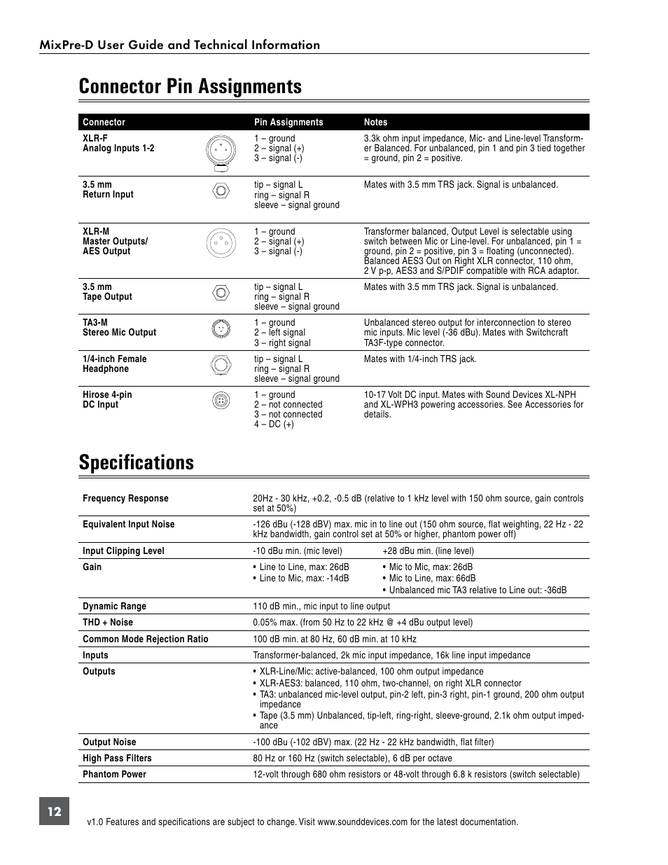 Specifications, Connector pin assignments, Mixpre-d user guide and technical information 12 | Sound Devices MixPre-D User Manual | Page 14 / 18