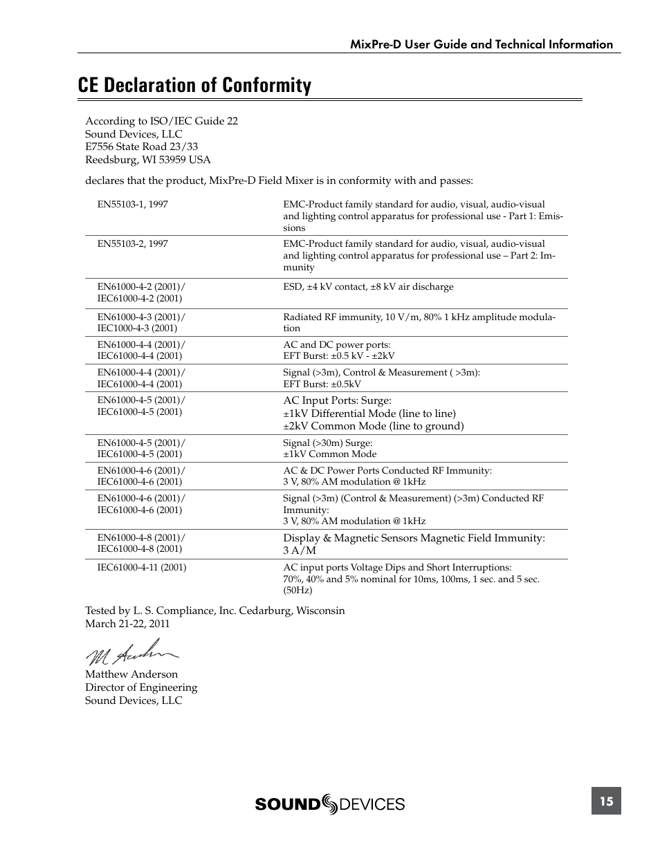 Ce declaration of conformity | Sound Devices MixPre-D User Manual | Page 17 / 18