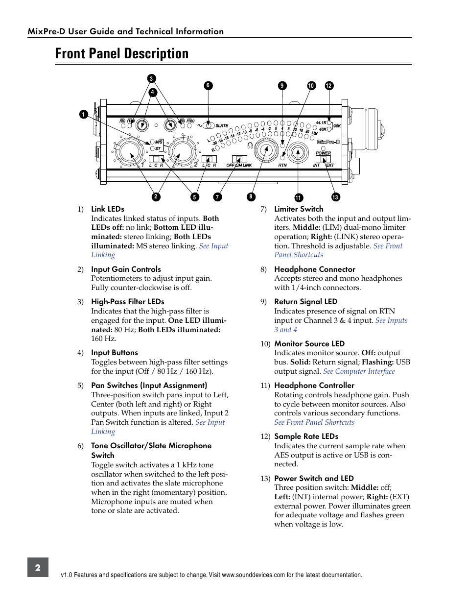 Front panel description | Sound Devices MixPre-D User Manual | Page 4 / 18